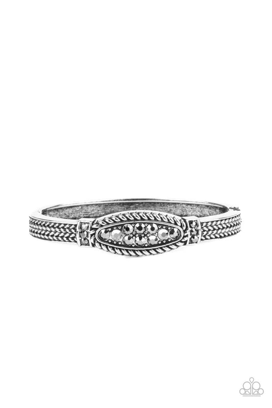 Locked In Luster Silver Hematite Rhinestone Hinged Bracelet Paparazzi B0218