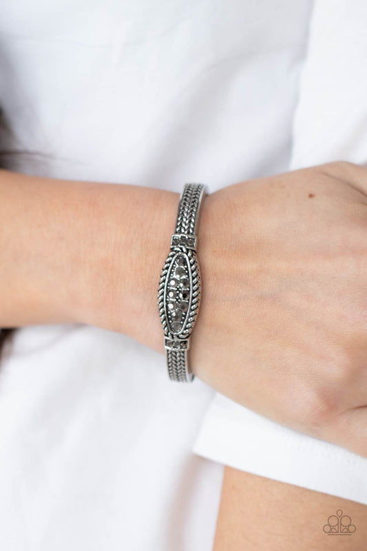 Locked In Luster Silver Hematite Rhinestone Hinged Bracelet Paparazzi B0218