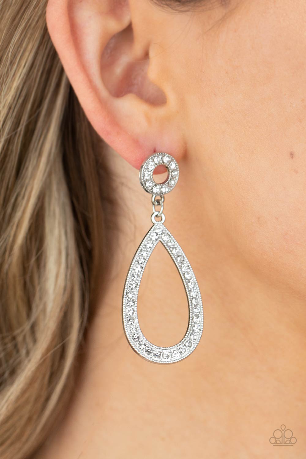 Regal Revival - White Rhinestone Teardrop Post Back Earring Paparazzi E0830