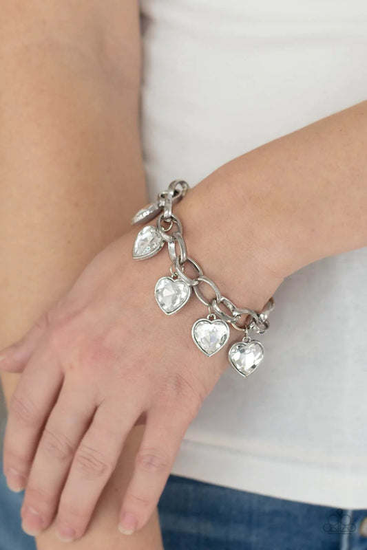 Candy Heart Charmer White Heart Gem Silver Charm Bracelet Paparazzi B0929