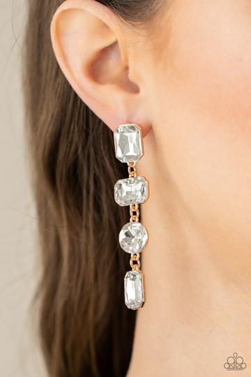 Cosmic Heiress Gold Teardrop White Rhinestone Chandelier Earring Paparazzi E0166
