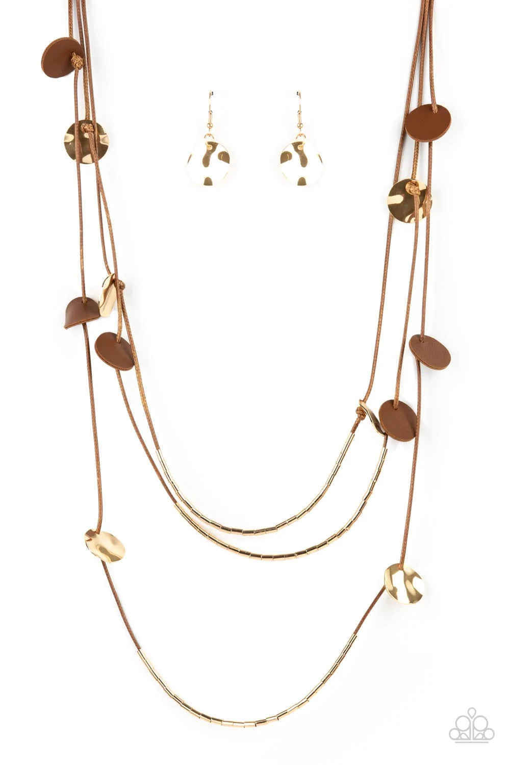 Alluring Luxe Brown Leather Cord and Gold Disc  Necklace Paparazzi N0765