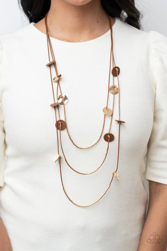 Alluring Luxe Brown Leather Cord and Gold Disc  Necklace Paparazzi N0765