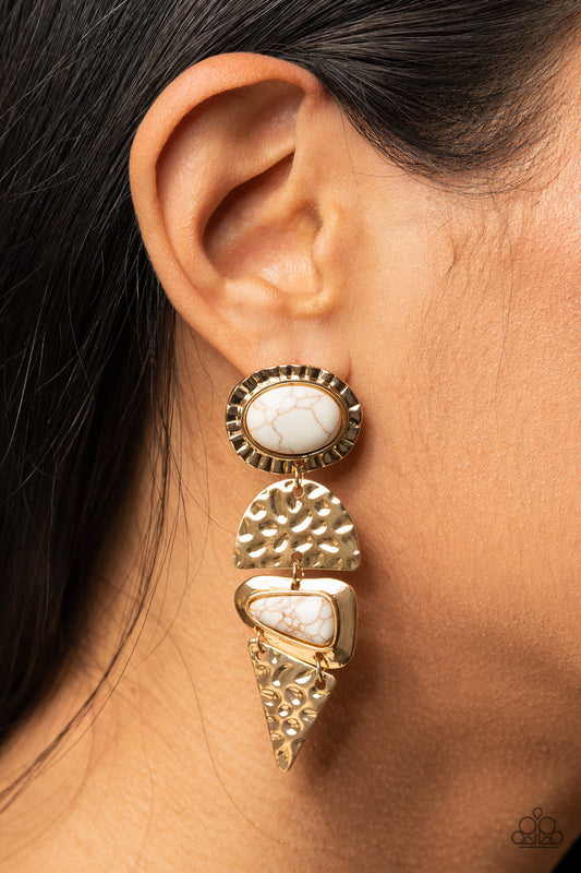 Earthy Extravagance - Gold White Cracked Stone Post Earring Paparazzi E0300