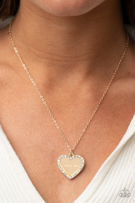 The Real Boss - Gold Heart Rhinestone "Mom" Necklace Paparazzi N0860