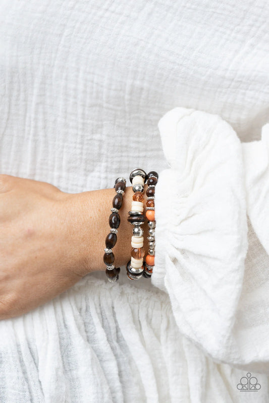 Belongs In The Wild Multi Brown Wood, Silver, Orange Stone Stretch Bracelet Paparazzi B0540