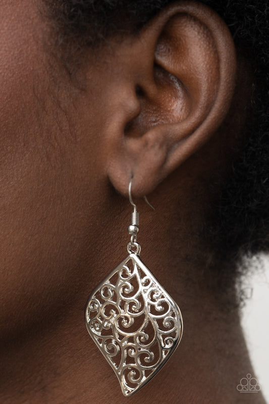 Your Vine Or Mine - Silver Floral Filigree Vine Earring Paparazzi E1288