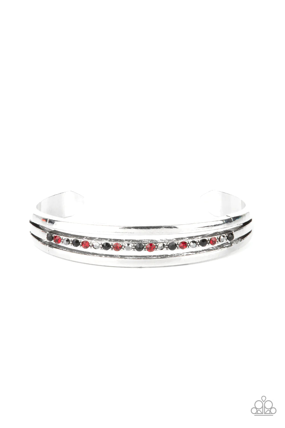 A Point Of Pride Multi Black, Red & Hematite Rhinestone Cuff Bracelet Paparazzi B1017