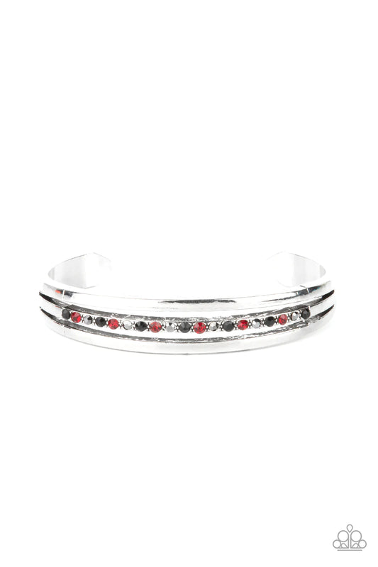 A Point Of Pride Multi Black, Red & Hematite Rhinestone Cuff Bracelet Paparazzi B1017