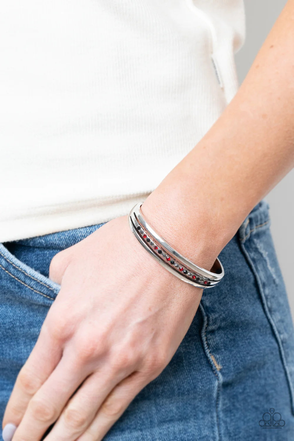 A Point Of Pride Multi Black, Red & Hematite Rhinestone Cuff Bracelet Paparazzi B1017