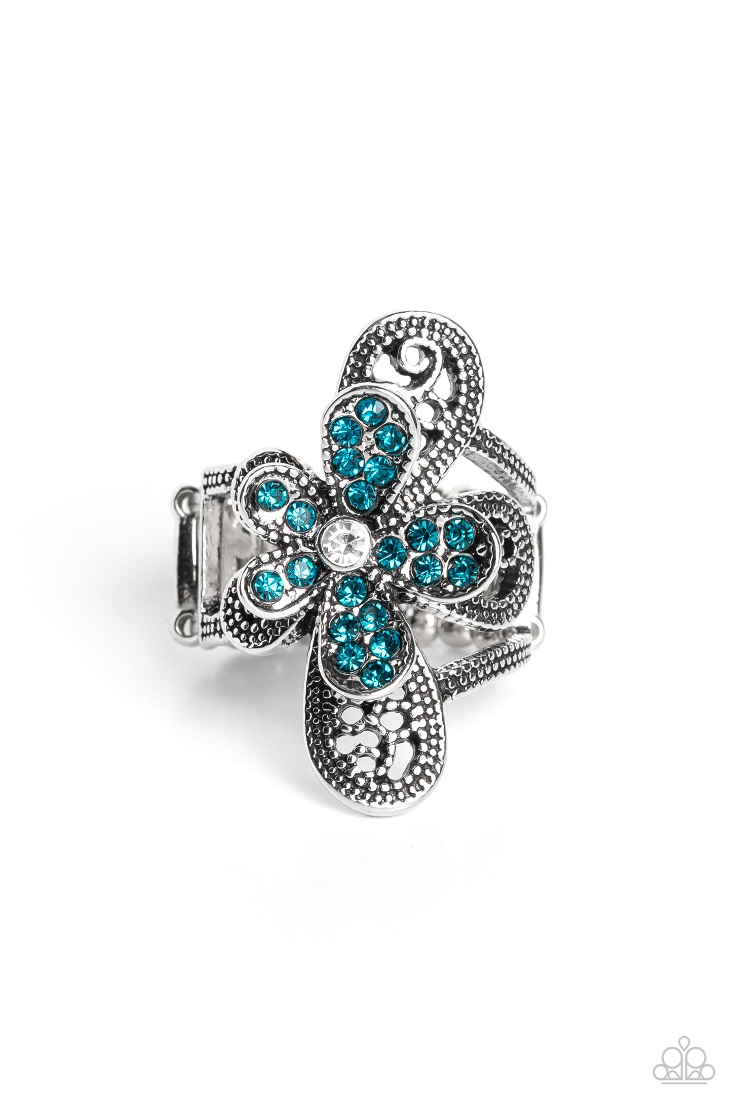 Garden Escapade - Blue Rhinestone Flower Ring Paparazzi R0471