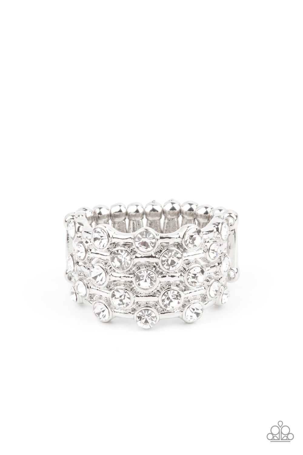 Metro Motivation White Rhinestone Ring August 2021 Life Of The Party Paparazzi R0137