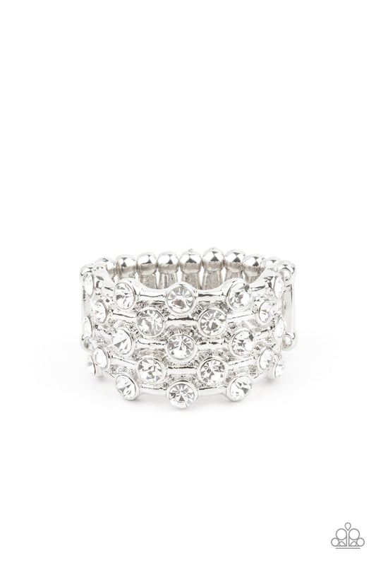 Metro Motivation White Rhinestone Ring August 2021 Life Of The Party Paparazzi R0137
