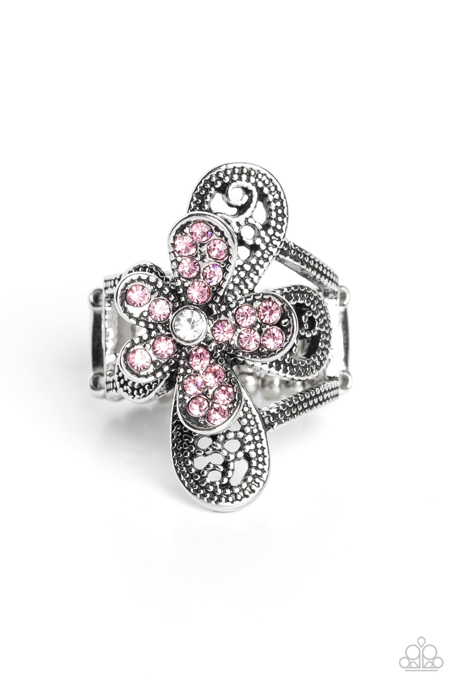 Garden Escapade - Pink & White Rhinestone Silver Flower Ring Paparazzi R0462