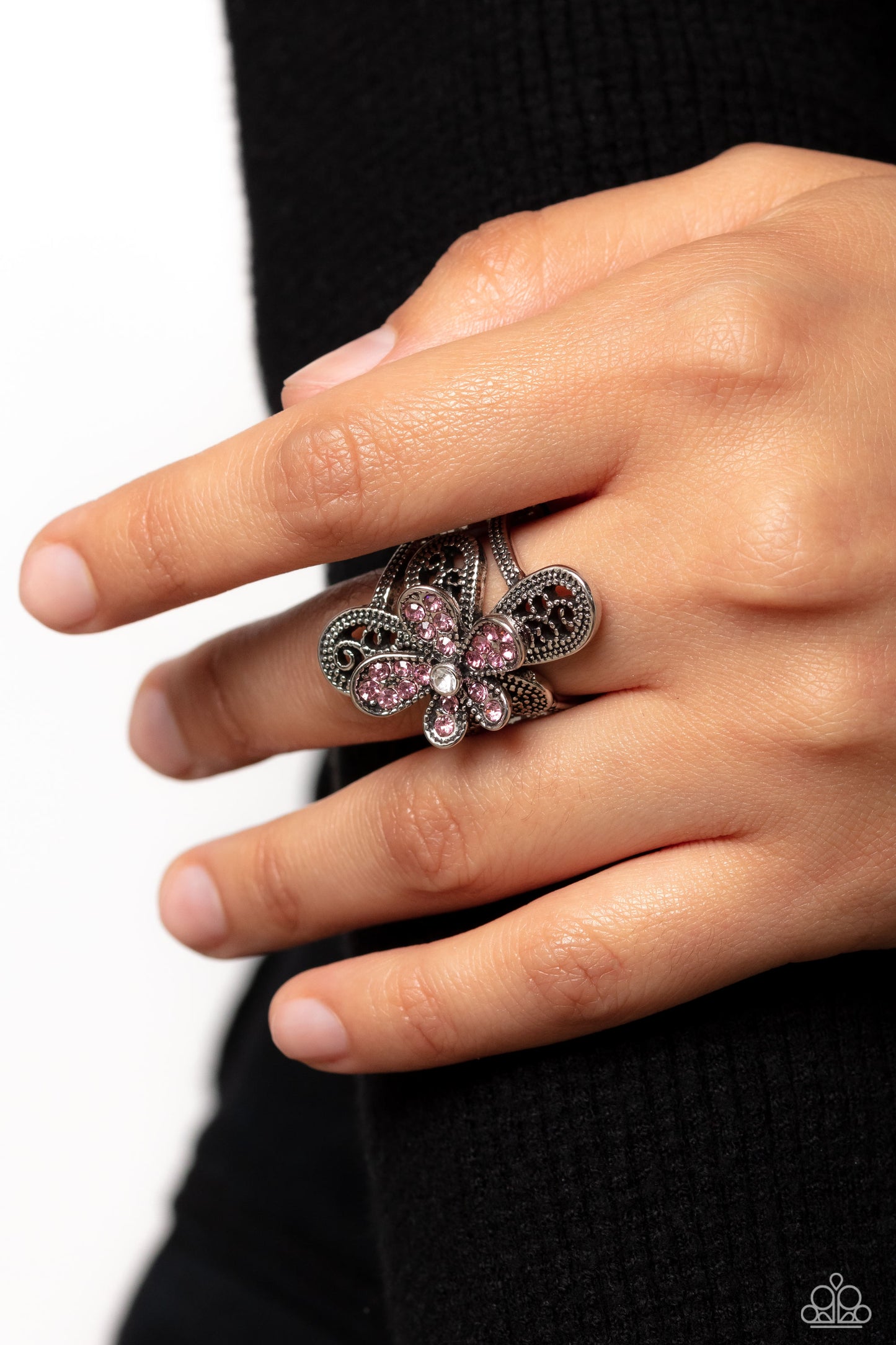 Garden Escapade - Pink & White Rhinestone Silver Flower Ring Paparazzi R0462