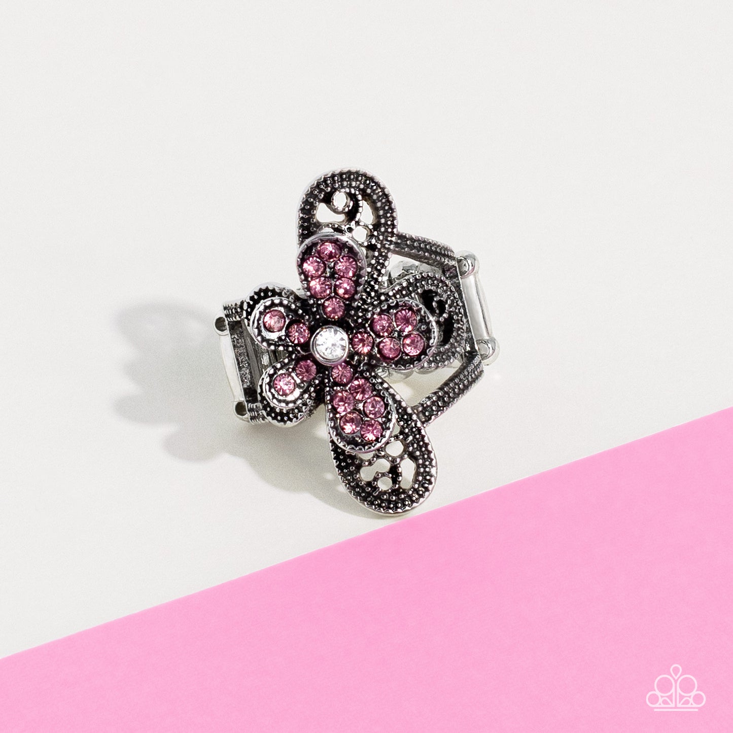 Garden Escapade - Pink & White Rhinestone Silver Flower Ring Paparazzi R0462