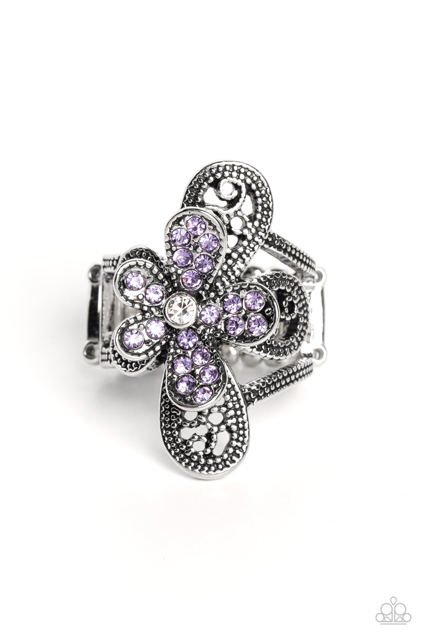 Garden Escapade - Purple & White Rhinestone Flower Ring Paparazzi R0466