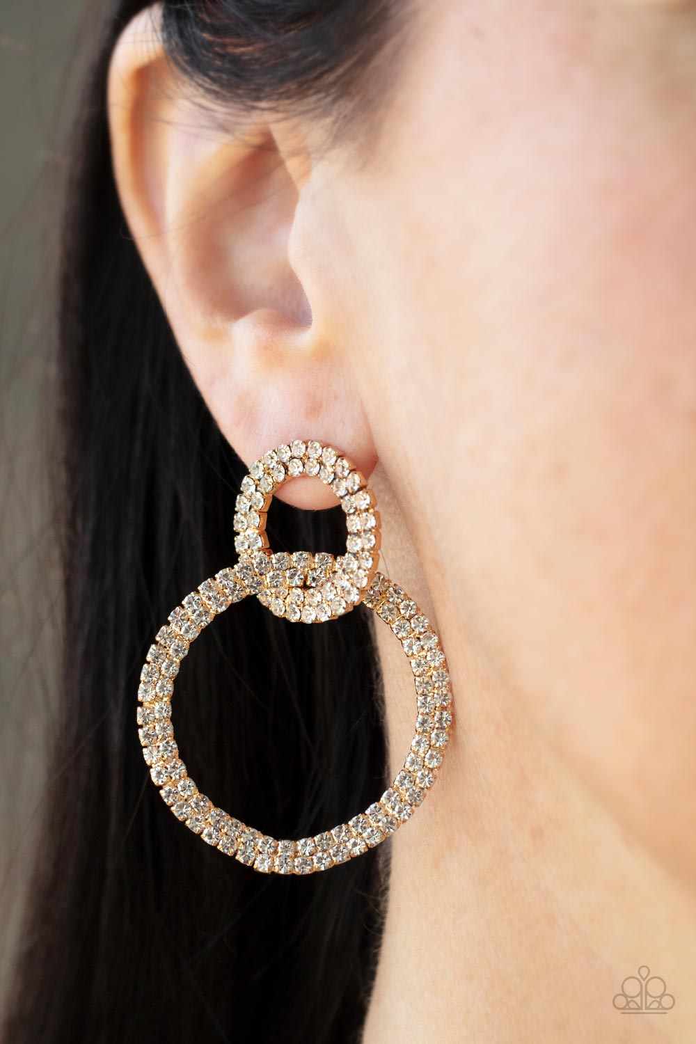 Intensely Icy - Gold Base White Rhinestone Post Earring Paparazzi E0789