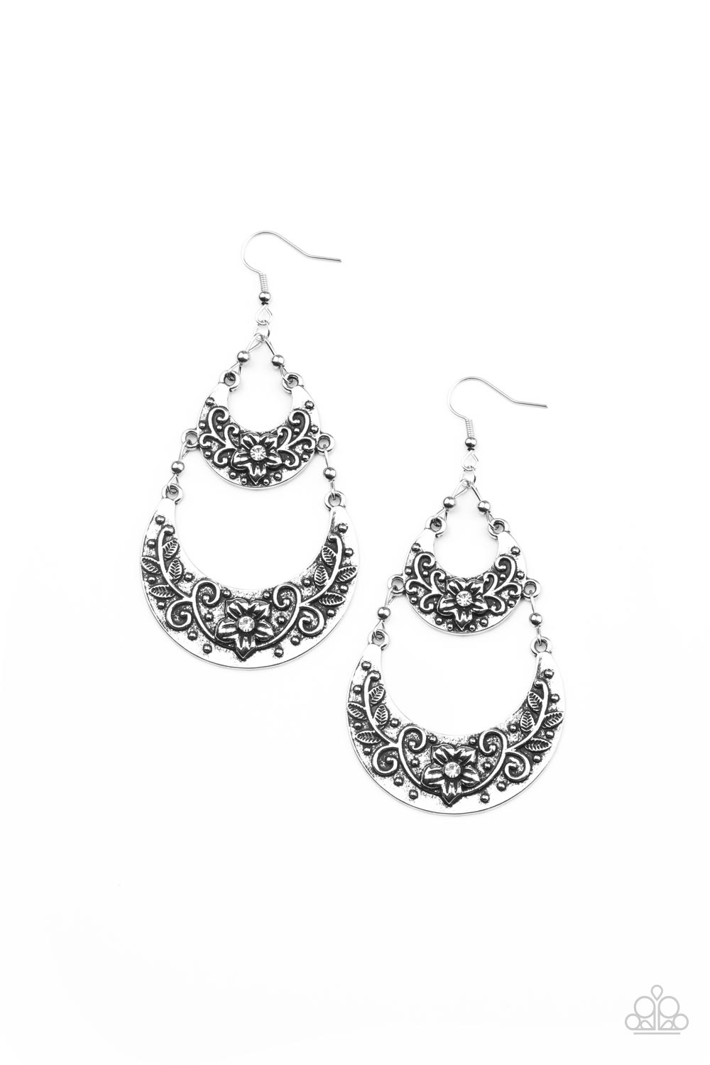 Springtime Gardens - White Rhinestone Floral Earring Paparazzi E0469