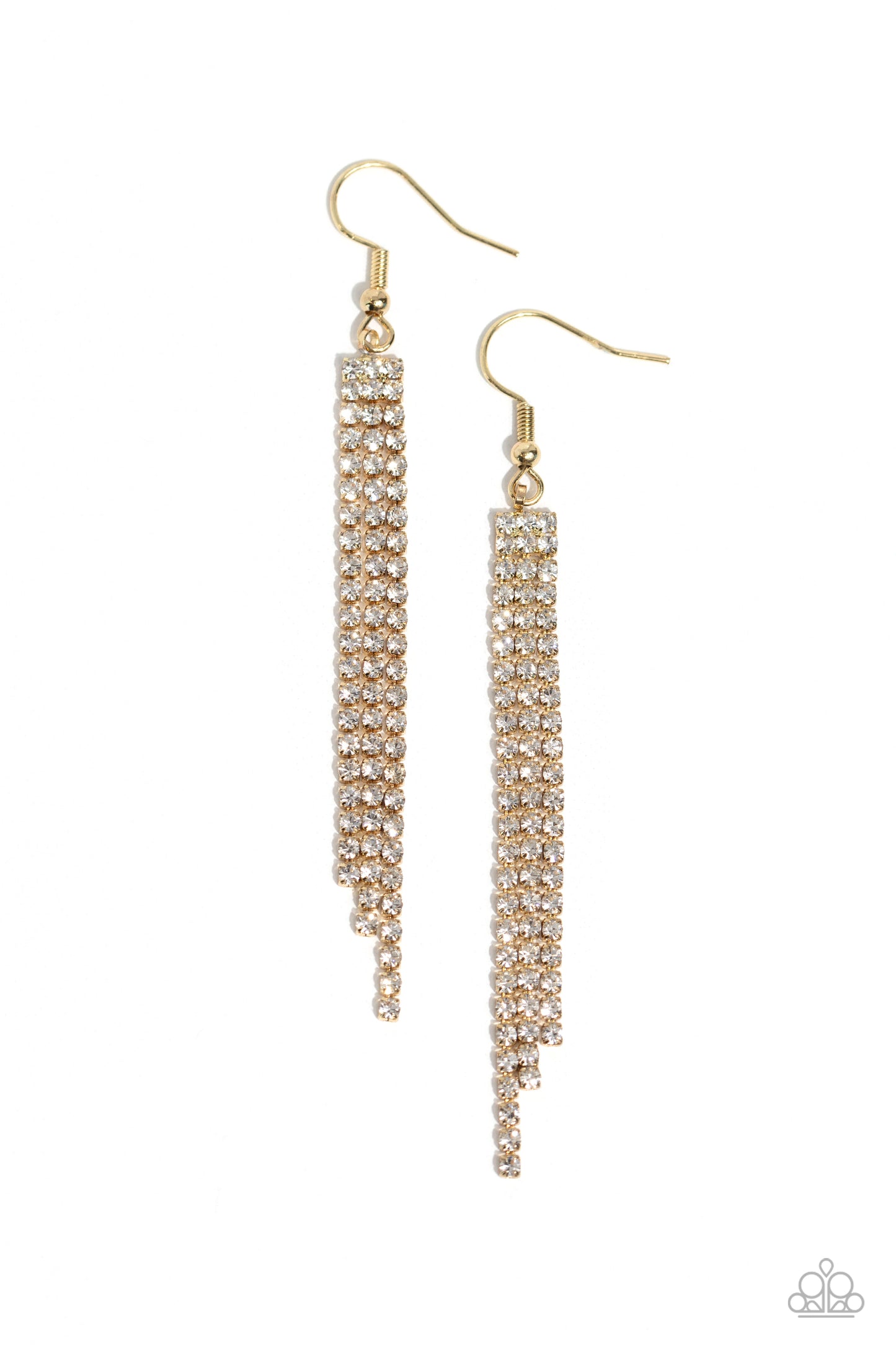 Candescently Couture - Gold & White Rhinestone Tassel Earring Paparazzi E1796