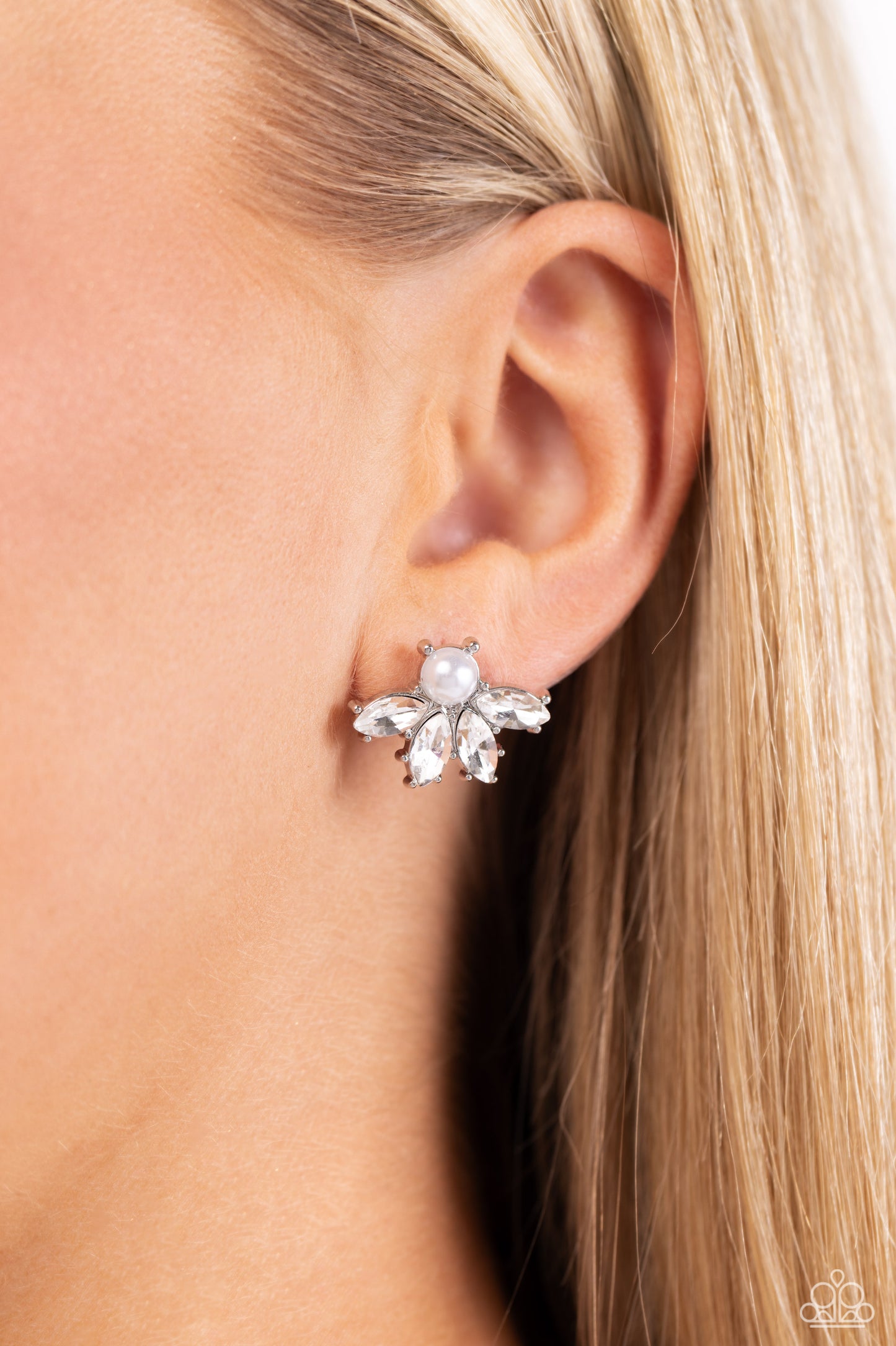 Stellar Showcase - White Rhinestone and Pearl Post Earring Paparazzi E1838