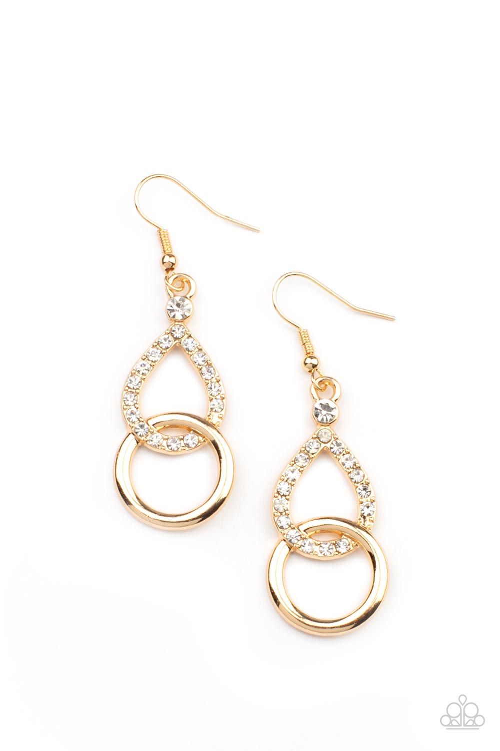 Red Carpet Couture - Gold White Rhinestone Teardrop Earring Paparazzi E0267