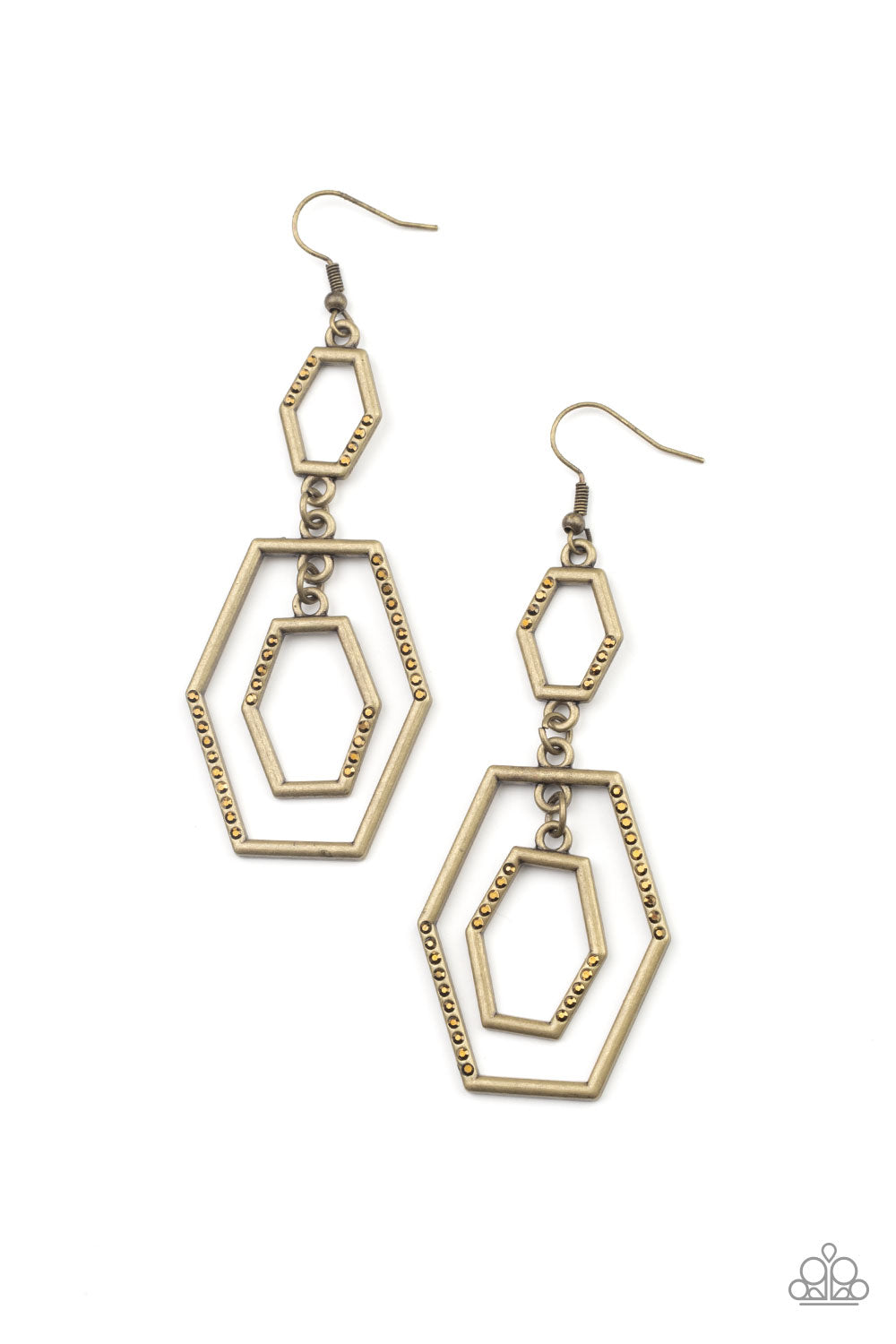 Geometric Maven - Brass & Aurum Rhinestone Hexagonal Frame Earring Paparazzi E0392