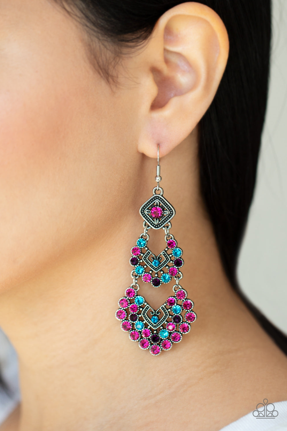 All For The GLAM - Multicolored Pink and Blue Rhinestone Chandelier Earring Paparazzi E0354