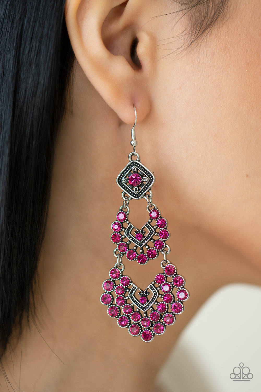 All For The GLAM - Pink Rhinestone Earring Paparazzi E0454