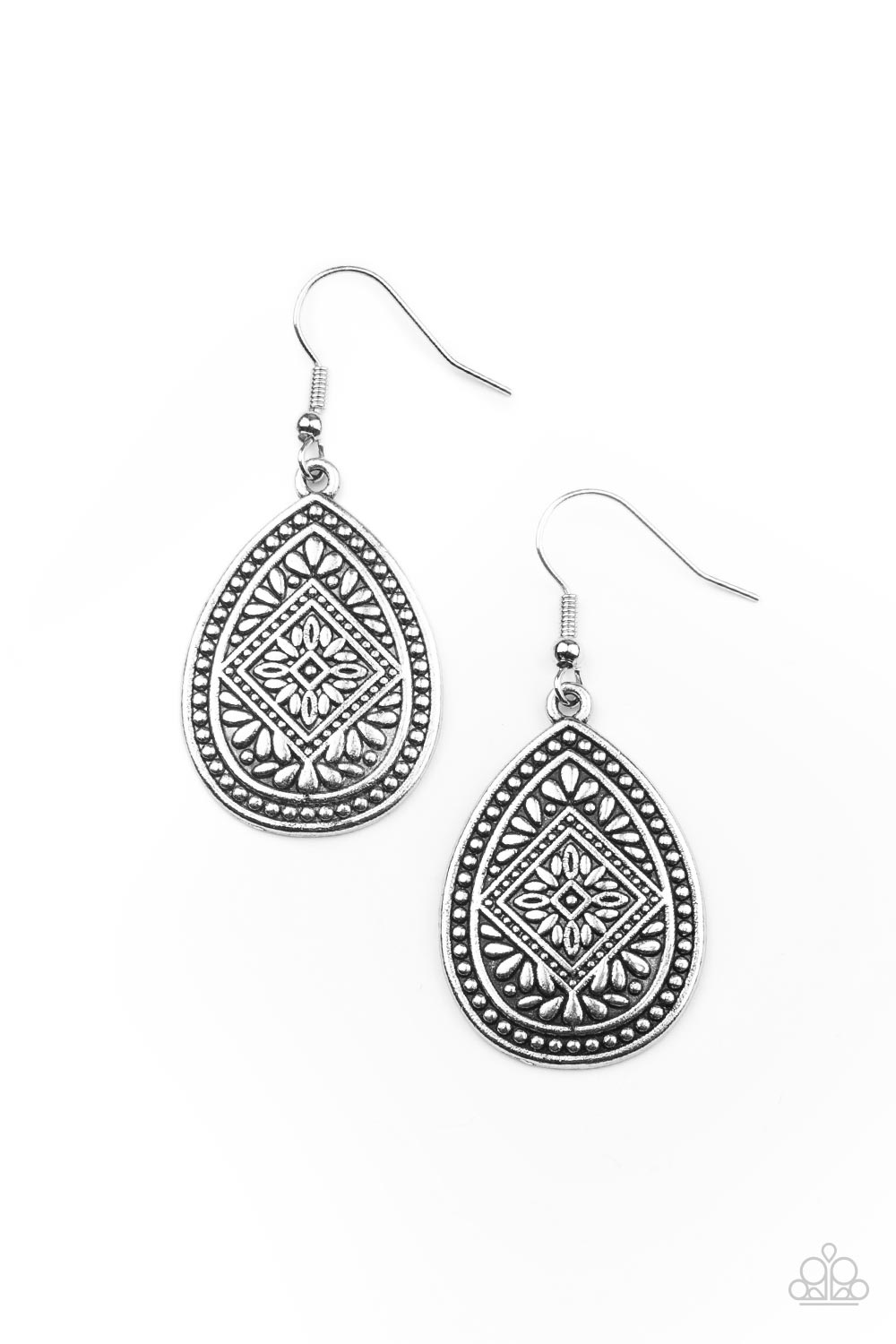 Mayan Mecca - Silver Geometric Pattern Teardrop Earring Paparazzi E0427