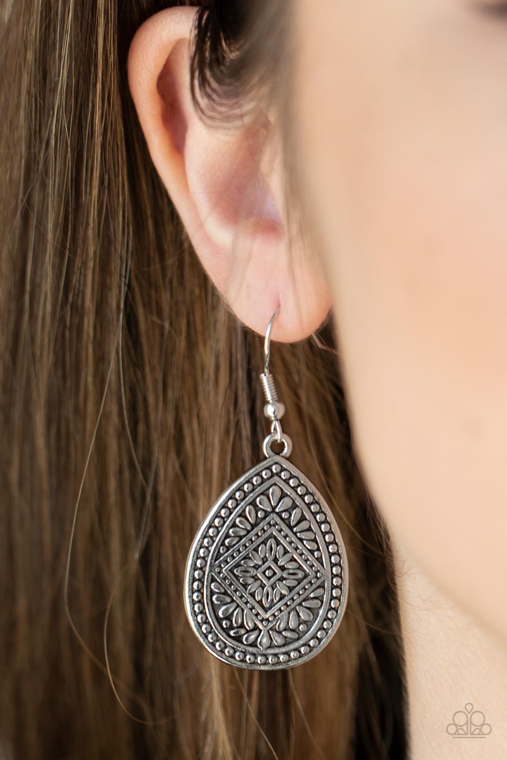 Mayan Mecca - Silver Geometric Pattern Teardrop Earring Paparazzi E0427