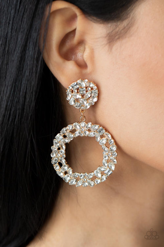 Party Ensemble - Gold Rhinestone Post Back Earring Paparazzi E0555