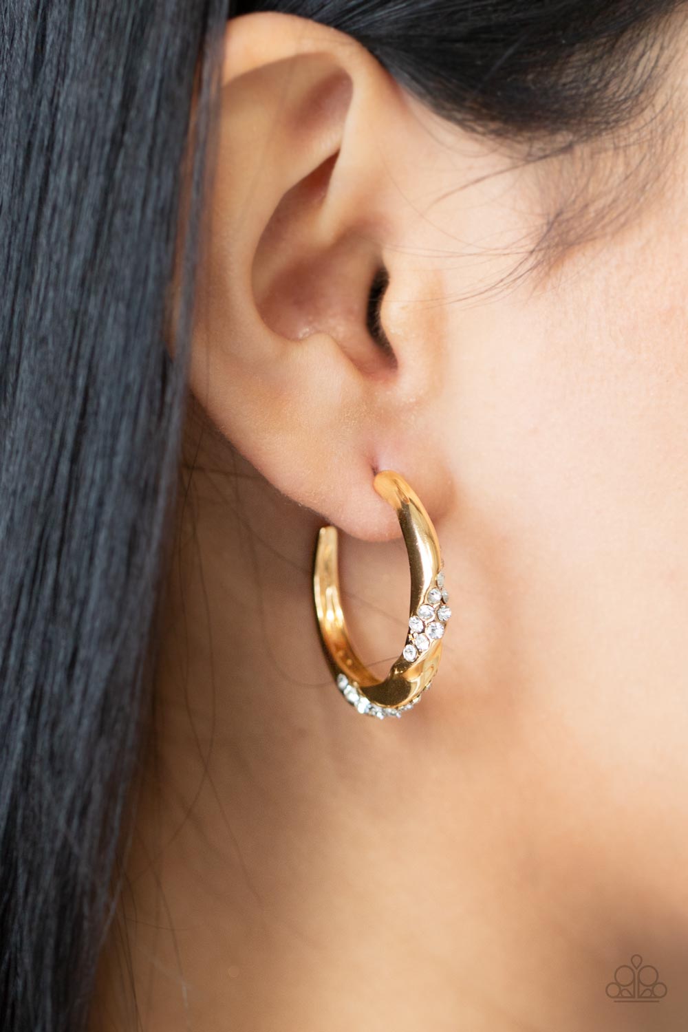 Subliminal Shimmer - Gold And White Rhinestone Hoop Earring Paparazzi E0832