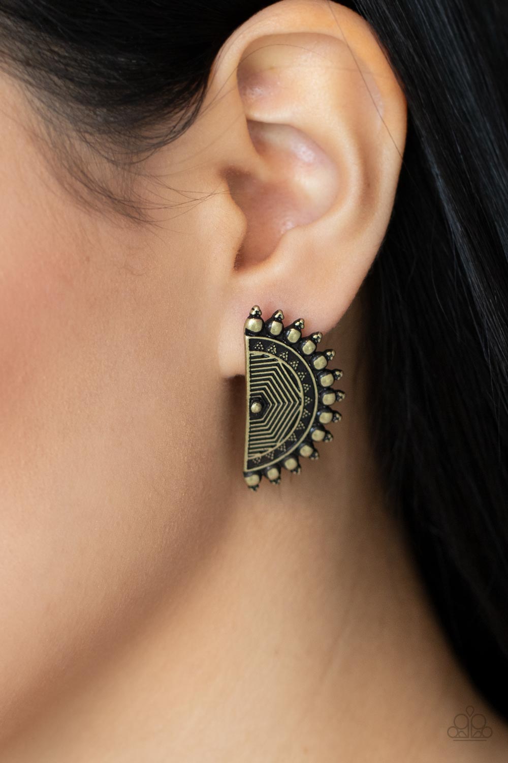 Fiercely Fanned Out - Brass Half Moon Antiqued Post Earring Paparazzi E1382