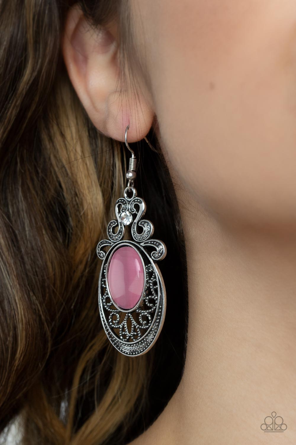 Garden Gondola Ride - Pink Cat's Eye & White Rhinestone Earring Paparazzi E1518