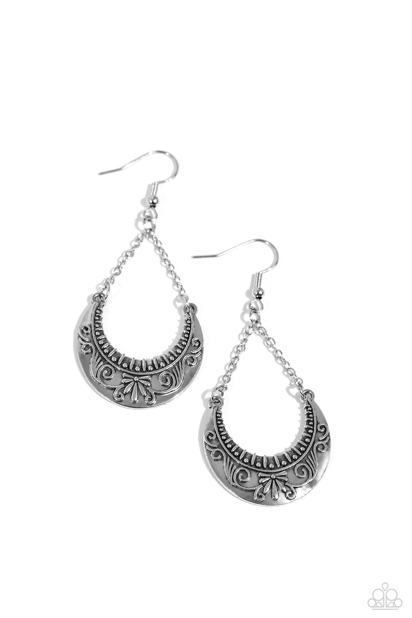 All in the PASTURE - Silver Half Moon Flowery Filigree Chandelier Earring Paparazzi E1888