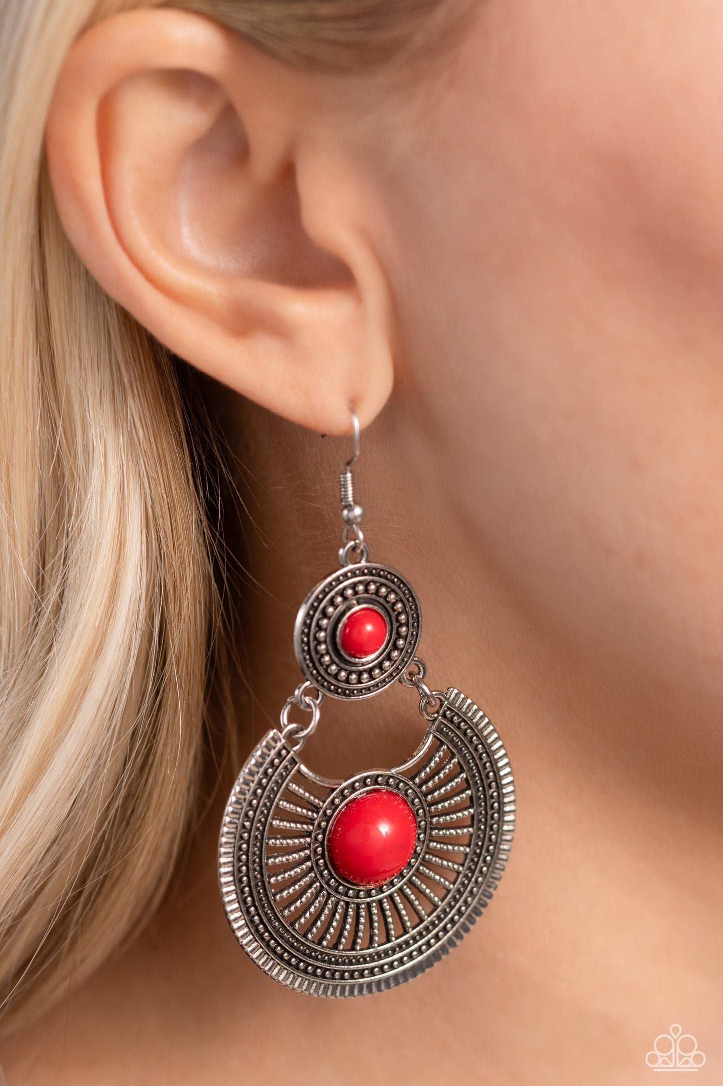 A Wild Bunch - Red Bead Crescent Silver Earring Paparazzi E1599