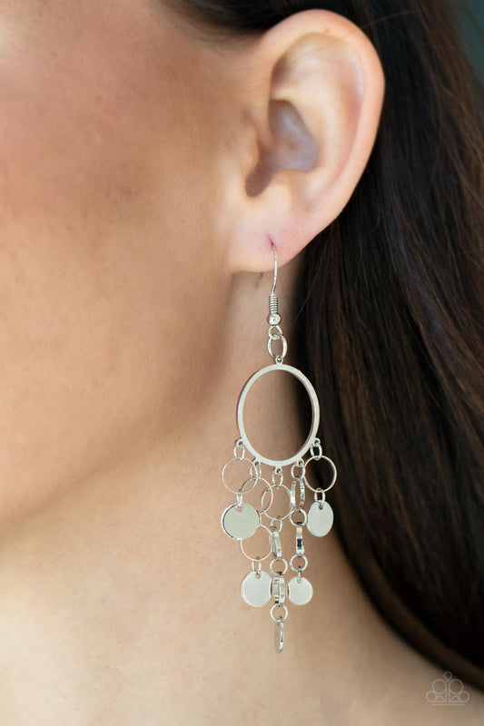 Cyber Chime - Silver Disc And Rings Earring Paparazzi E0394