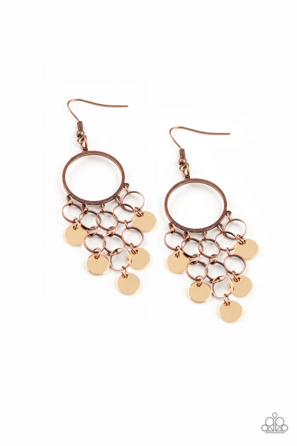 Cyber Chime - Multi Gold Disc Copper Rings Earring Paparazzi E0795