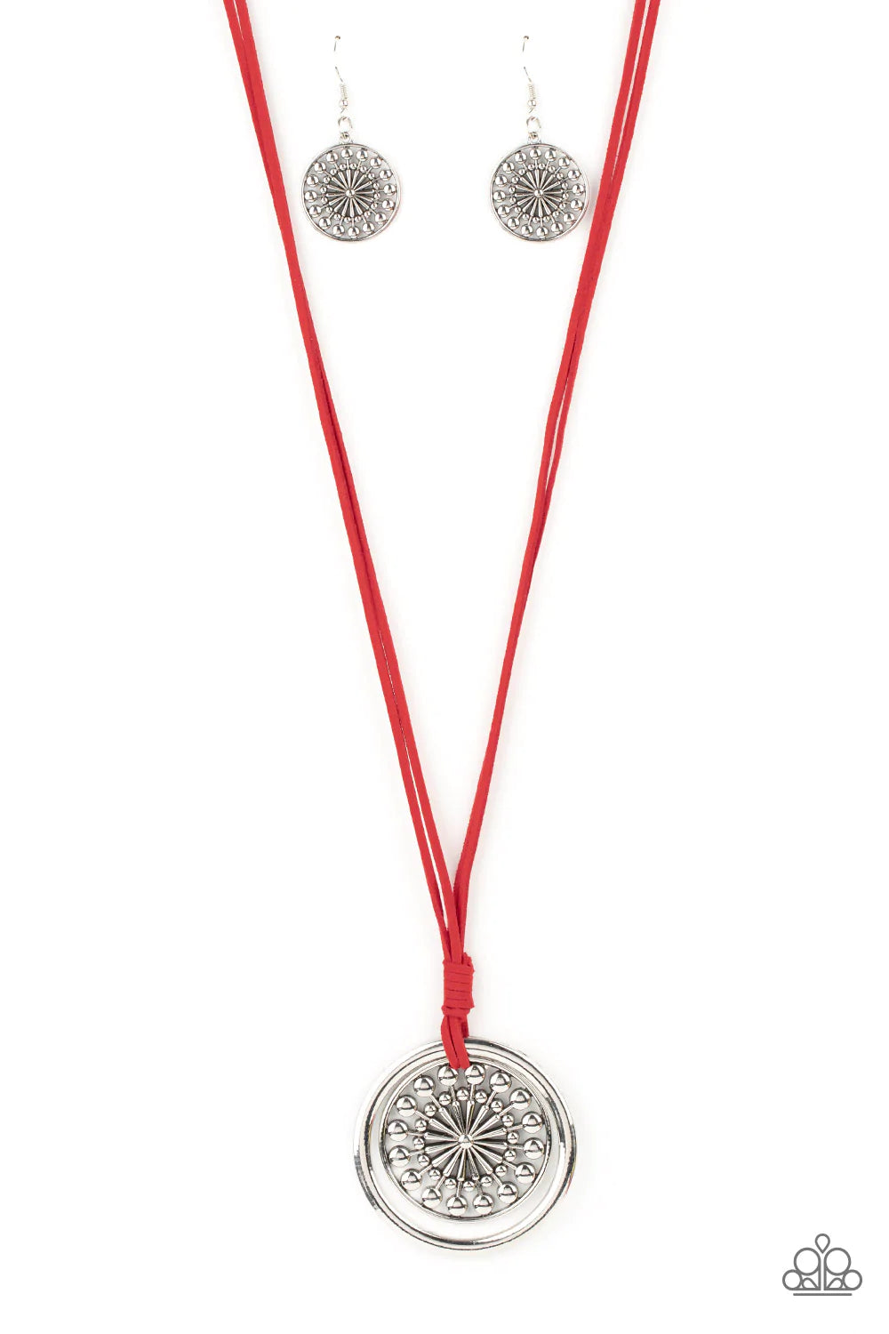 One Mandala Show Red Suede Cord Silver Ring Necklace Paparazzi N0977