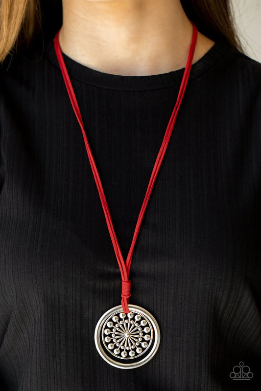 One Mandala Show Red Suede Cord Silver Ring Necklace Paparazzi N0977