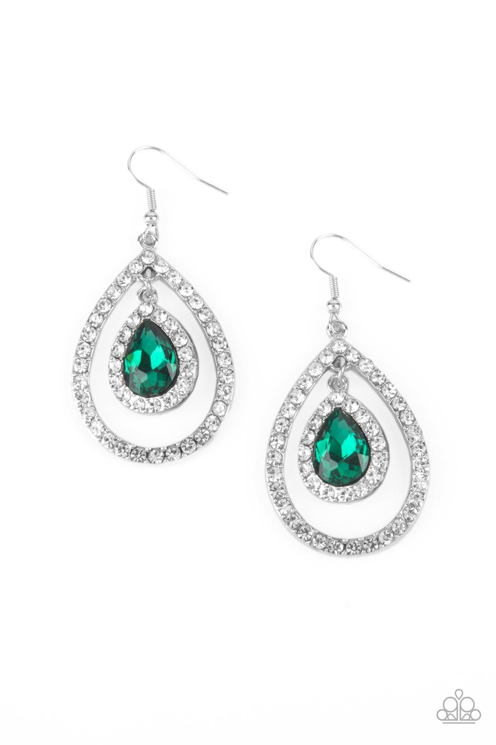 Blushing Bride - Green Teardrop White Rhinestone Earring Paparazzi E0655