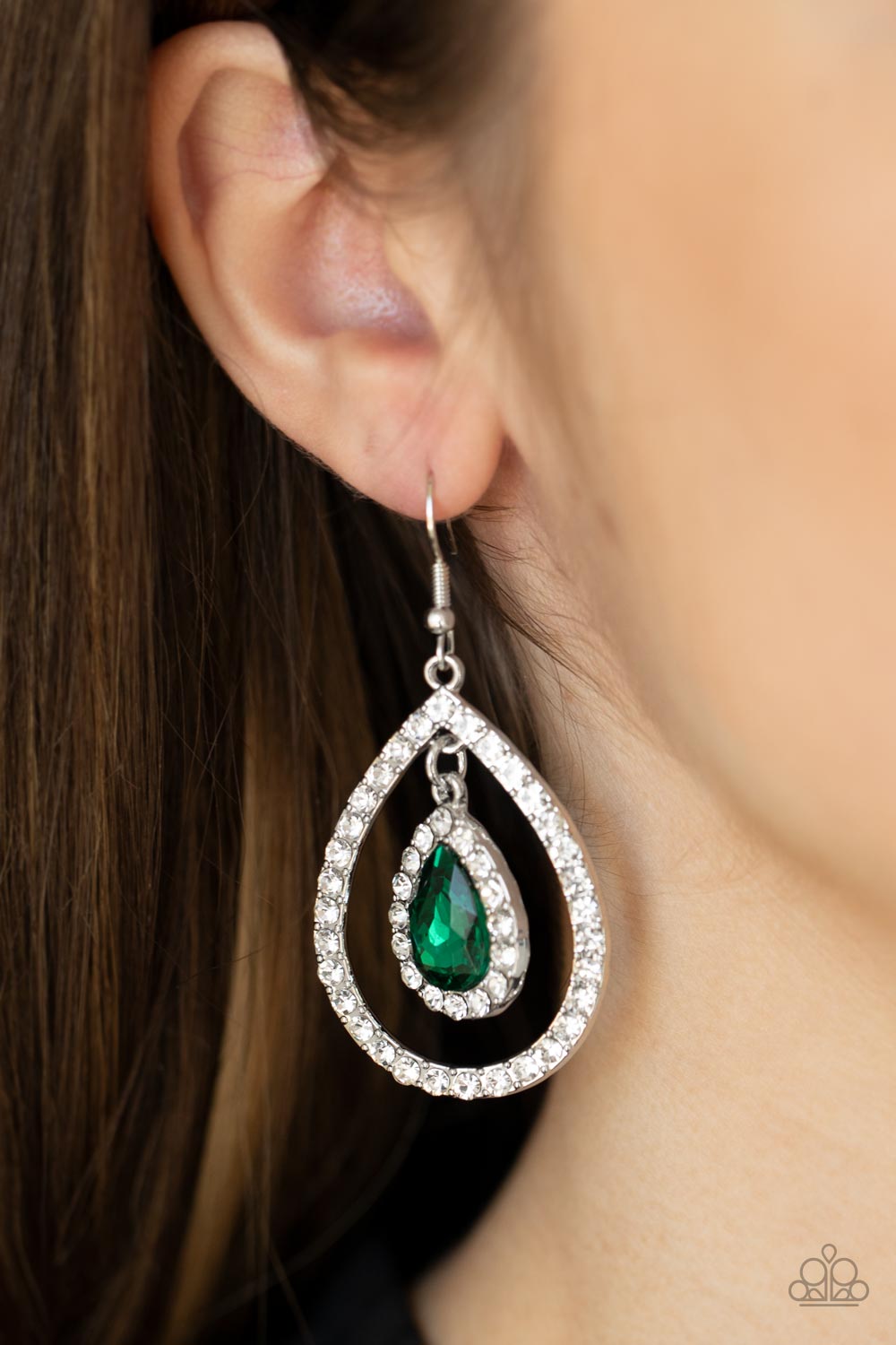 Blushing Bride - Green Teardrop White Rhinestone Earring Paparazzi E0655