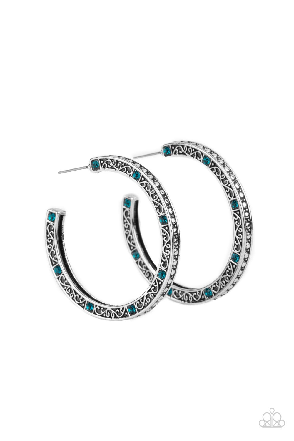 Richly Royal - Blue Rhinestone Silver Vine Filigree 1 3/4 Inch Hoop Earring E1170