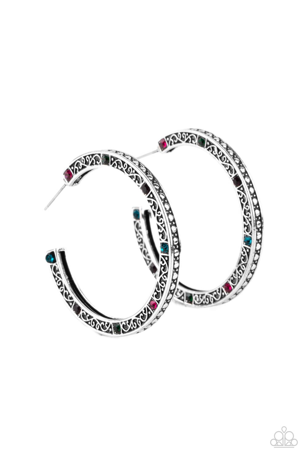 Richly Royal - Multi Colored Blue Pink Rhinestone Antiqued Silver Frame 1 3/4 Inch Hoop Earring Paparazzi E1194