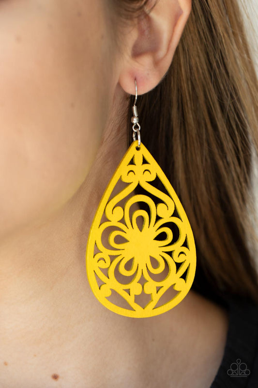 Marine Eden - Yellow Floral Wooden Teardrop Earring Paparazzi E1513