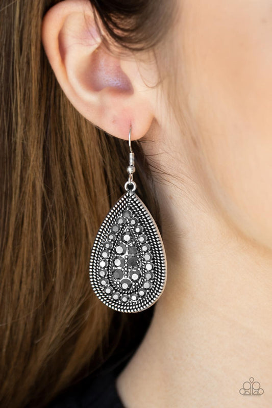 Interstellar Idol - Silver Teardrop Hematite Rhinestone Earring Paparazzi E0249