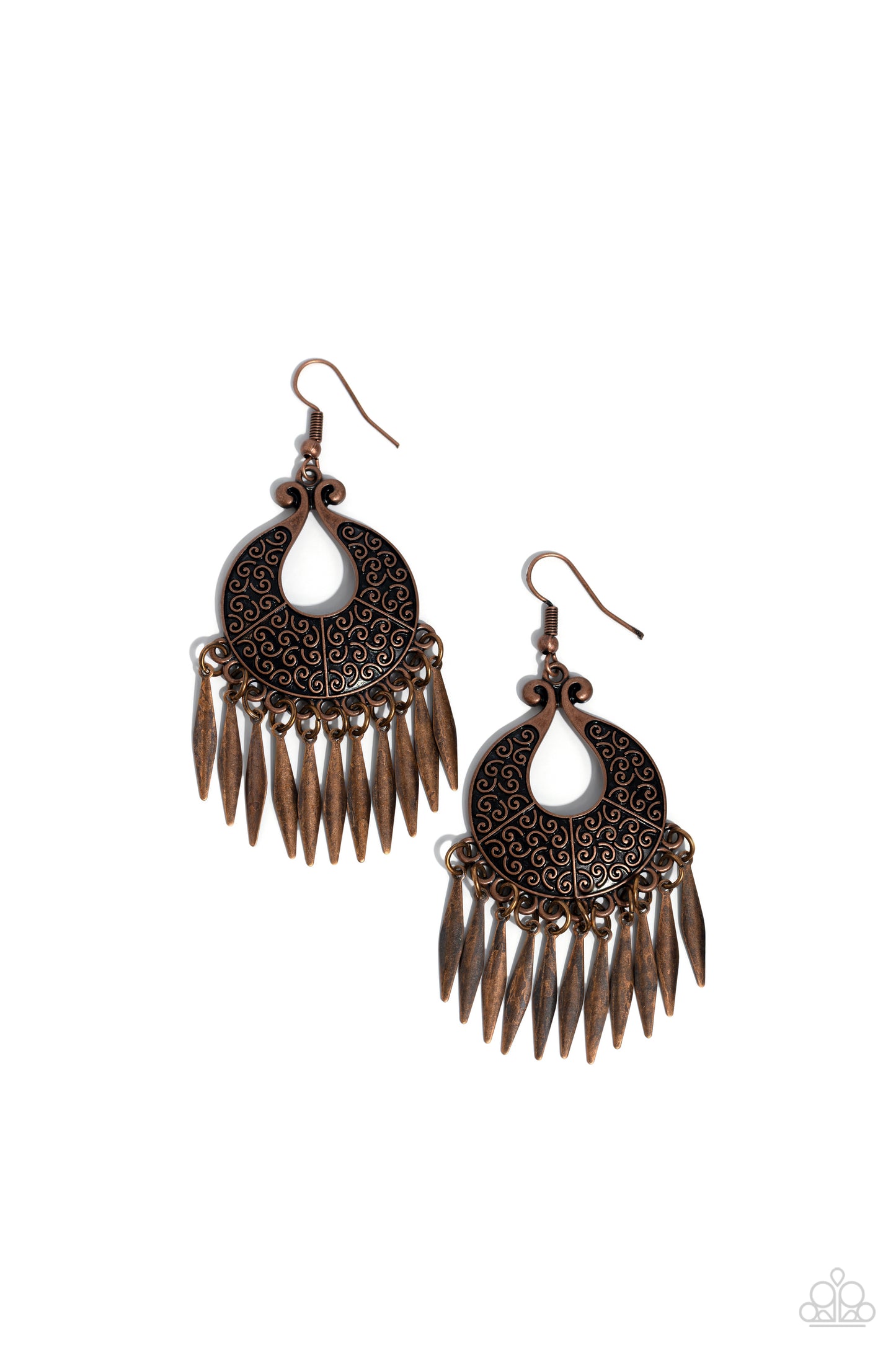 Tribal Charm - Copper Antiqued Madallion Fringe Earring Paparazzi E1548