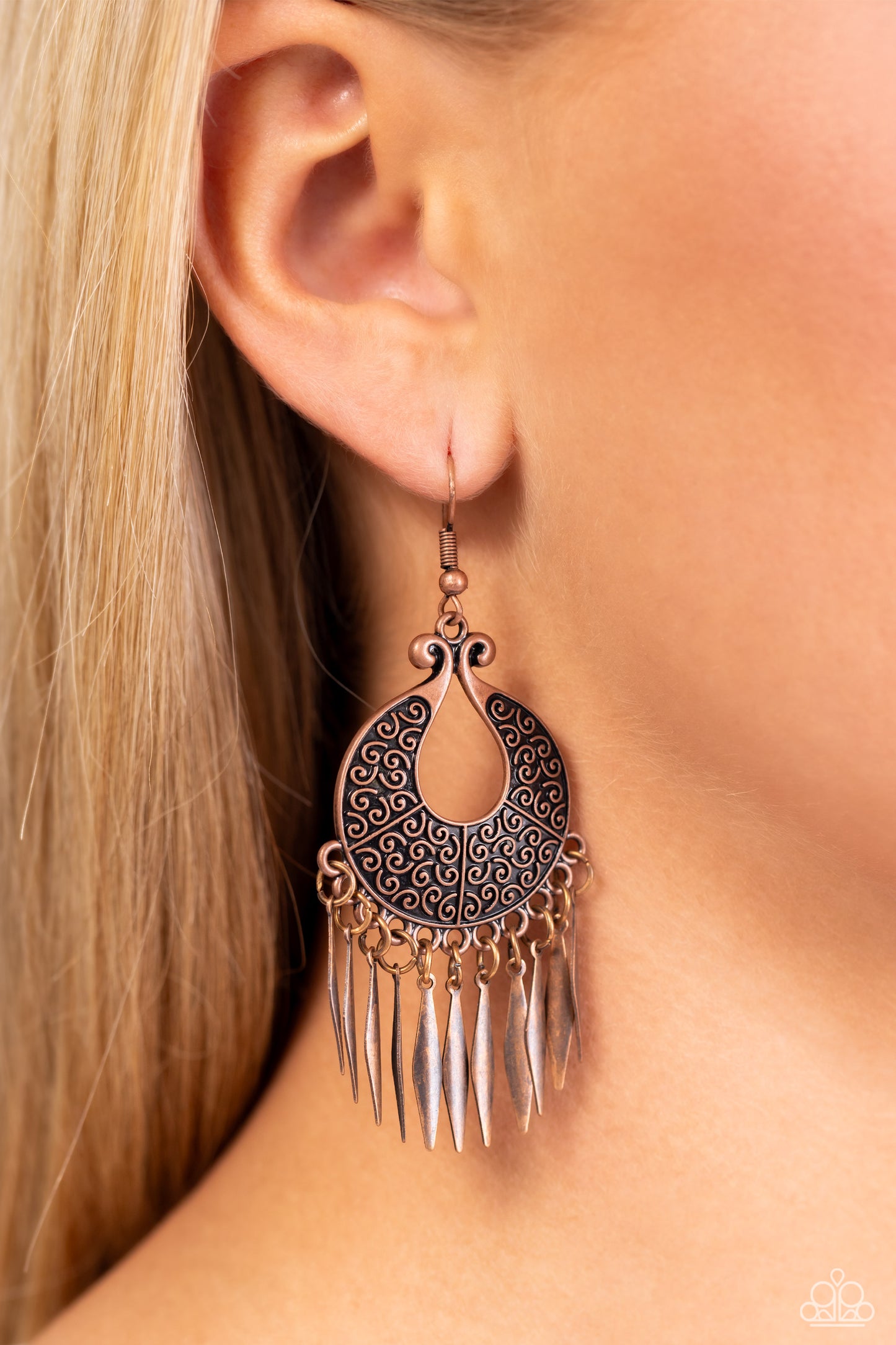 Tribal Charm - Copper Antiqued Madallion Fringe Earring Paparazzi E1548