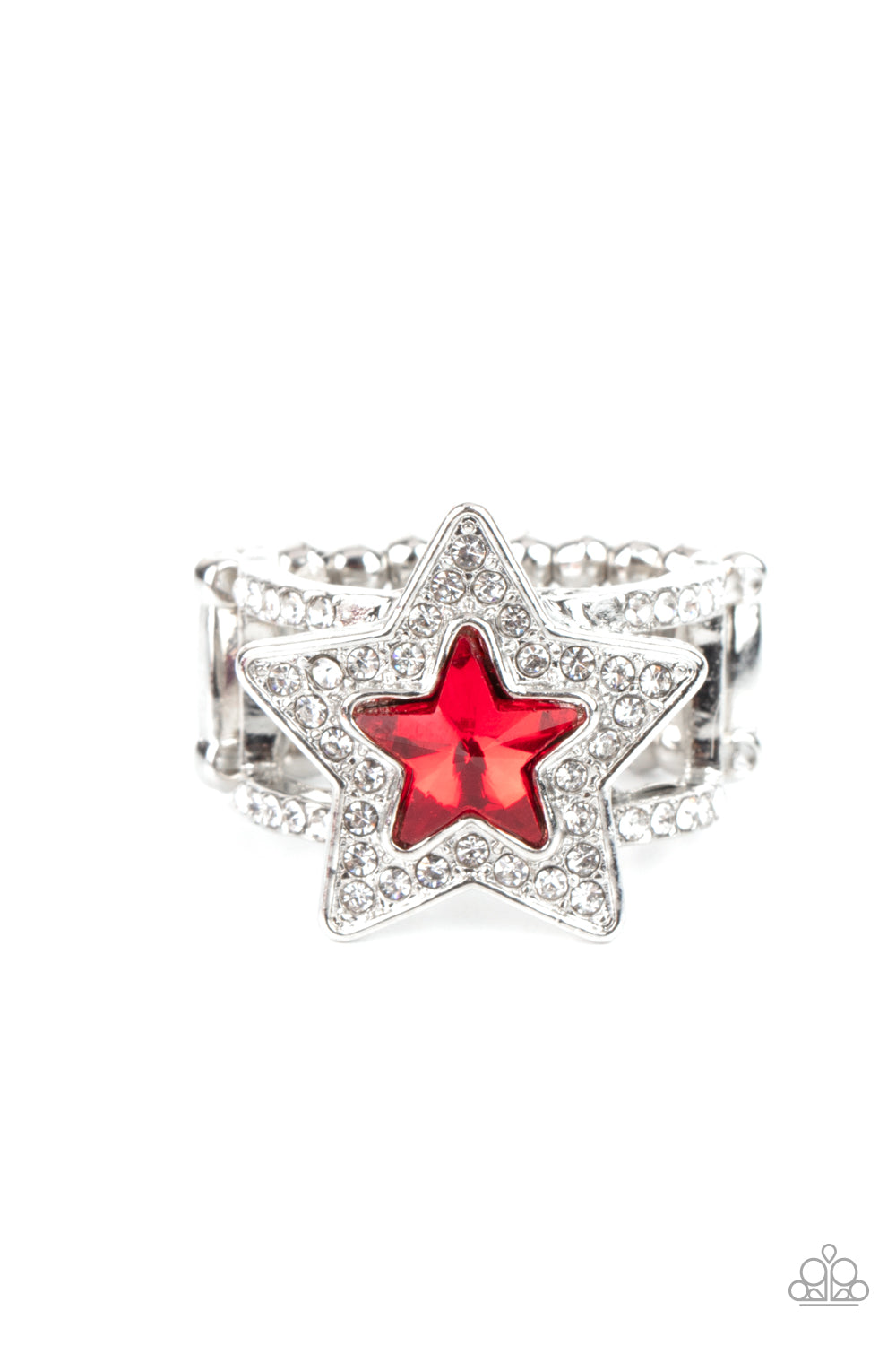 One Nation Under Sparkle - Red Star Gem & White Rhinestone Patriotic Ring Paparazzi R0519